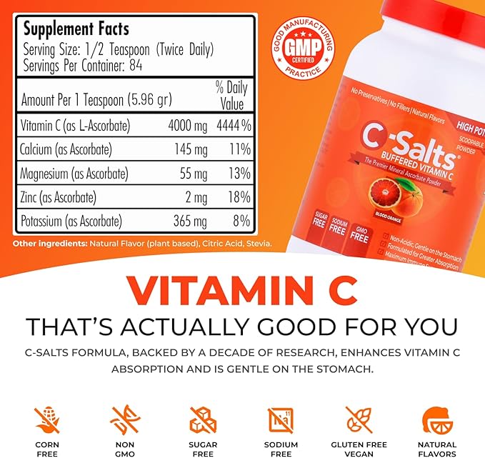 4000mg Vitamin C Powder Supplement - 100% Pure Buffered Powdered Drink with Ascorbate C - Potent Immune Support, Stomach-Friendly Absorption, Organic, Vegan, Sodium & Sugar-Free, Original 26oz