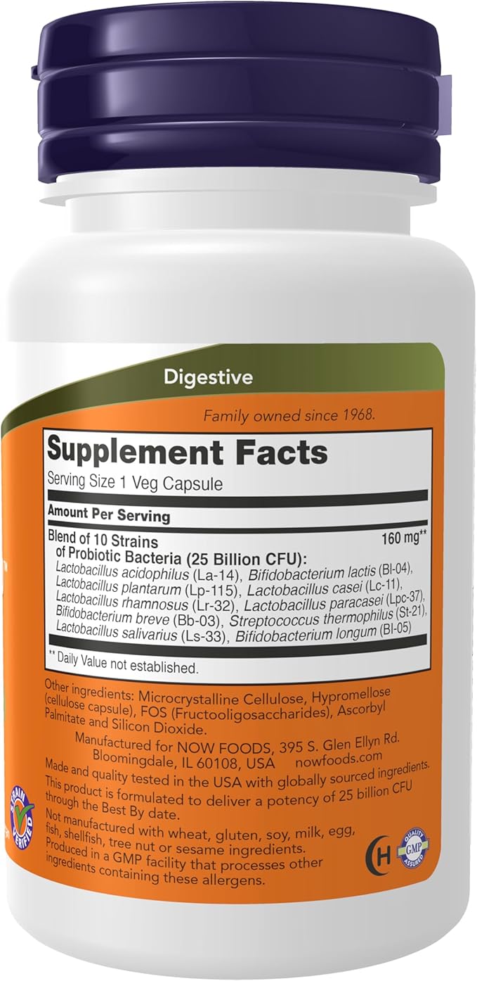 NOW Foods Supplements, Probiotic-10™, 25 Billion, with 10 Probiotic Strains, Dairy, Soy and Gluten Free, Strain Verified, 30 Veg Capsules