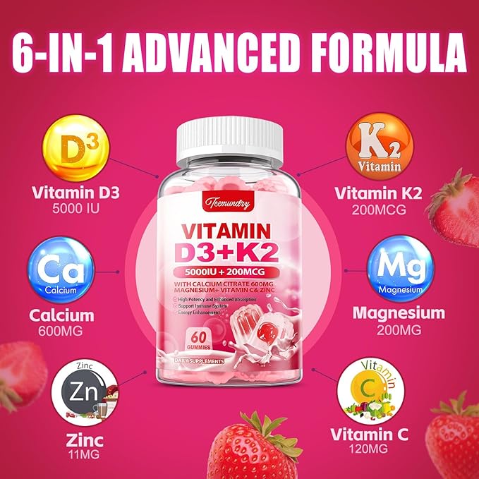 Vitamin D3 K2 Supplement for Adults - Vitamin D3 5000 IU + K2 200 mcg - Vit D3 K2 Gummies with Calcium 600mg Magnesium Zinc & Vitamin C for Women Men - Supports B0ne, Muscle Immune - 120 Count