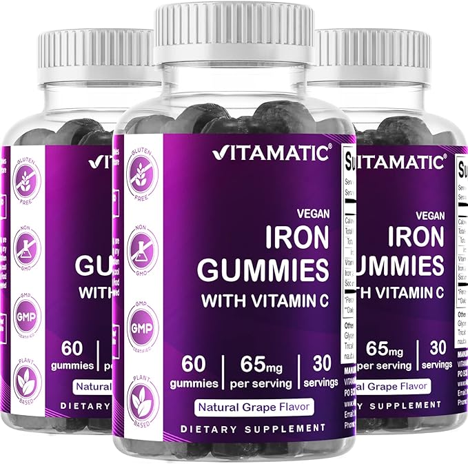 Vitamatic Iron 65 mg Gummies Supplement for Women & Men - 60 Vegan Gummies - Great Tasting Iron Gummy Vitamins with Vitamin C (3)