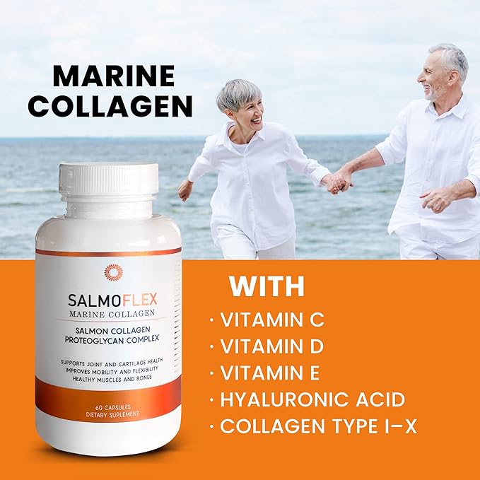 Salmoflex Marine Collagen Peptides with Hyaluronic Acid and Vitamin C, D, E - Salmon Collagen Supplement for Bone and Joint - Hair, Skin and Nail Vitamins - 60 Capsules (Pack of 2)