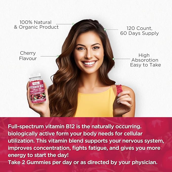Vitamin B12 Complex 5000 mcg Methyl B12, Adenosyl B12 & Hydroxy B12, with Coenzyme Q10, Folate, Vitamin C, Chewable B 12 for Energy Support, Metabolism, Bone Health - Cherry Flavor, 2 Pack