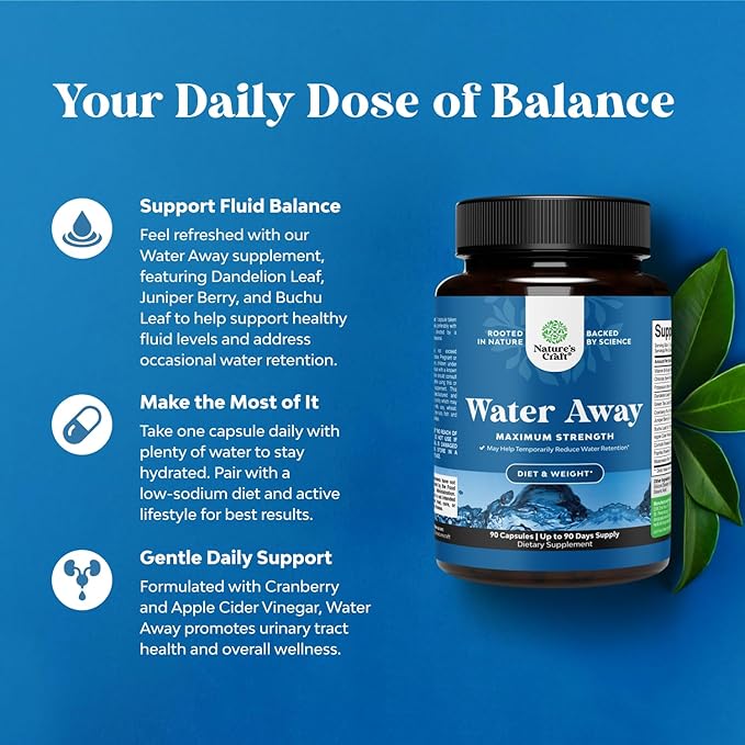 Water Away Pills Maximum Strength - Herbal Diuretic Pills for Water Retention for Fast Acting Bloating Relief for Women and Men - Easy To Take Water Retention Pills for Women and Men - 90 Servings