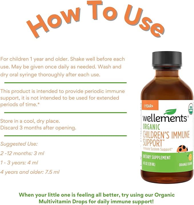 Wellements Organic Children’s Immune Support Syrup | Immune System Support* for Kids w/Vitamin C & Zinc, USDA Organic, Free from Dyes, Parabens & Top 9 Most Common Allergens | Orange Flavor, 4 fl oz