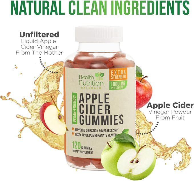 Vegan Apple Cider Vinegar Gummies | Max Strength 1000mg | ACV Supplement Gummy Vitamins for Adults, Supports Digestion, Metabolism, Natural Apple Flavor with Mother, Gluten Free, Non-GMO - 120 Gummies