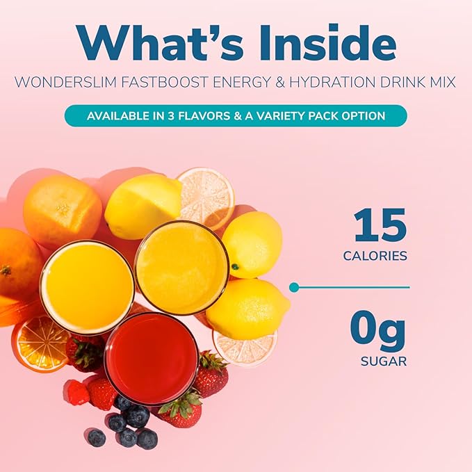 Wonderslim FAST BOOST Energy & Hydration Drink Mix, Variety Pack, with Electrolytes, Vitamins B, C & E, Antioxidants, No Sugar (14ct)