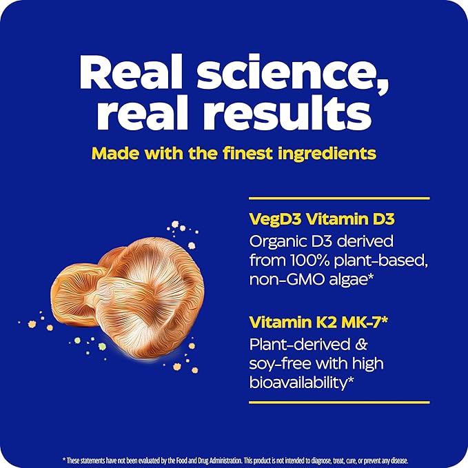 Enzymedica, Organic Vitamin D3+K2, 5,000 IU VIT D3 & 90 mcg VIT K2 MK-7, with Shitake Mushrooms & Prebiotic Fiber, Vegan, 60 Count