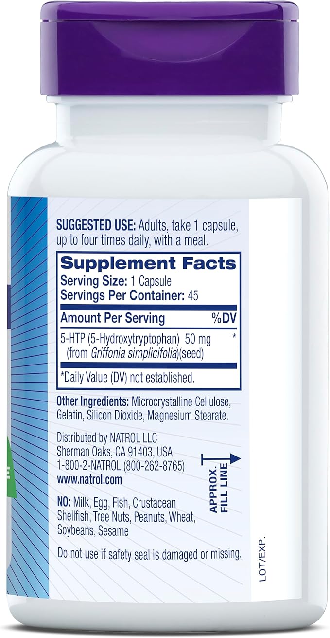 Natrol Mood & Stress 5-HTP 50mg, Dietary Supplement Helps Support a Balanced Mood, 45 Capsules, 11-45 Day Supply