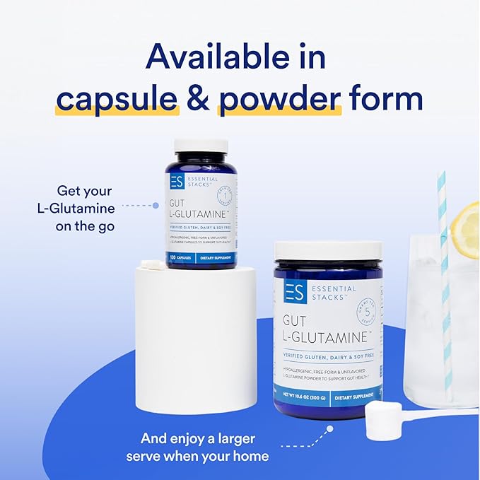 Essential Stacks Gut L-Glutamine Powder - Made in USA - Pure L Glutamine Powder for Gut Health - Dairy, Soy & Gluten Free, Non-GMO, Vegan Glutamine Supplement