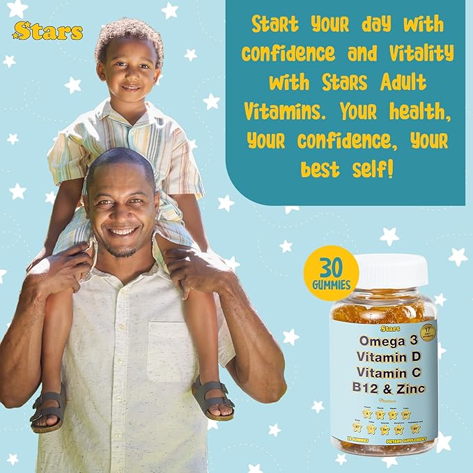 Adult Multivitamin Gummy with Omega 3, Chewable Multivitamin with Selenium, Vitamin A, B, C, D, Biotin, Multivitamin for Women, Multivitamin for Men, 60 Star Shaped Multivitamin Gummies
