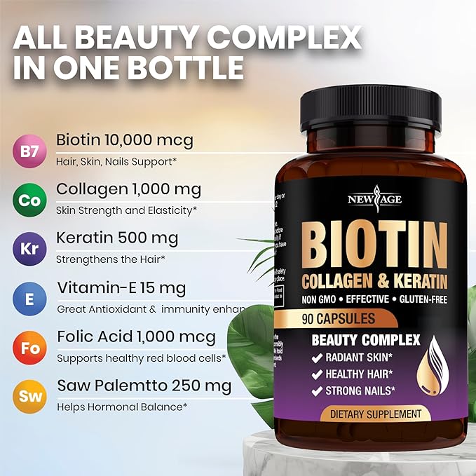 NEW AGE Biotin Collagen Keratin Hyaluronic Acid - 50,000mcg Hair Growth Vitamins for Men and Women, Nails, Hair, Skin Vitamins and DHT Blocker with Vitamin E Folic Acid Pumpkin Seed MSM - 90 Count