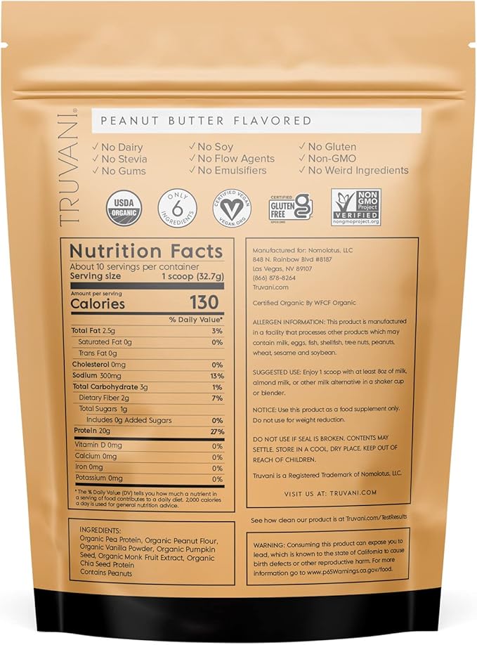 Truvani Vegan Pea Protein Powder | Peanut Butter | 20g Organic Plant Based Protein | 10 Servings | Keto | Gluten & Dairy Free | Low Carb | No Added Sugar