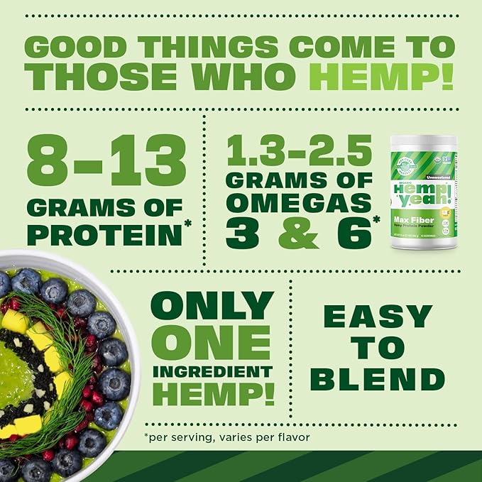 Manitoba Harvest Hemp Yeah! Organic Max Fiber Protein Powder, Vanilla, 16oz; with 10g of Fiber, 9g Protein and 1.9g Omegas 3&6 per Serving, Preservative Free, Non-GMO, Packaging May Vary