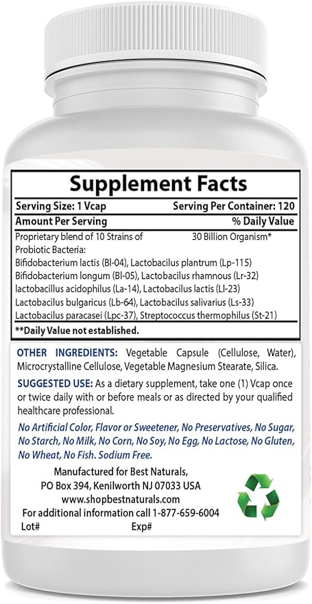 Best Naturals Probiotic 10 Strains & 30 Billion CFU Intestinal Flora, 120 Veggie Capsules - Shelf Stable probiotic (4146365)