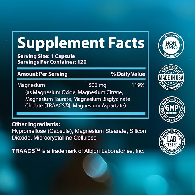 Magnesium Complex Supplement, 4 Month Supply of 500mg 5-in-1 Magnesium Bisglycinate, Oxide, Taurate, Chelate, Citrate, Max Absorption Magnesium Supplement for Calm, Sleep & Leg Cramps, 120 Capsule
