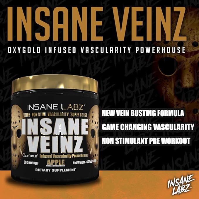 Insane Labz Psychotic Gold and Insane Veinz Gold Pre Workout Nitric Oxide Booster Stack, Increase Muscle Mass, Vascularity, Strength, Energy, Focus, Gummy Candy