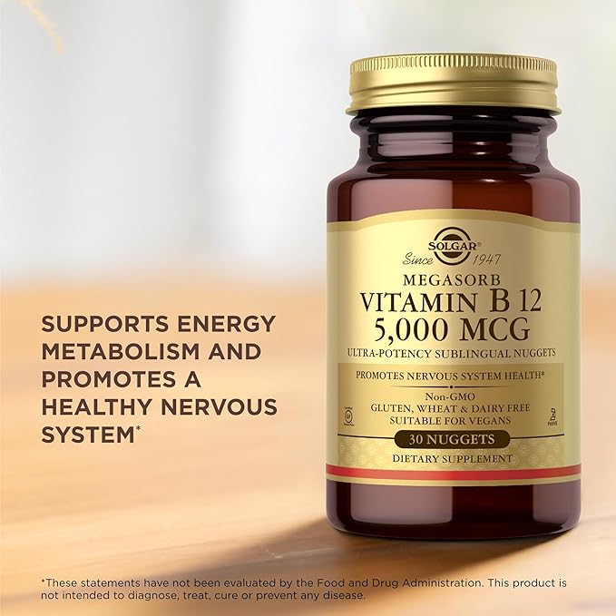 Solgar Vitamin B12 5000 mcg - 30 Nuggets - Promotes Nervous System Health - Non-GMO, Vegan, Gluten & Dairy Free - 30 Servings