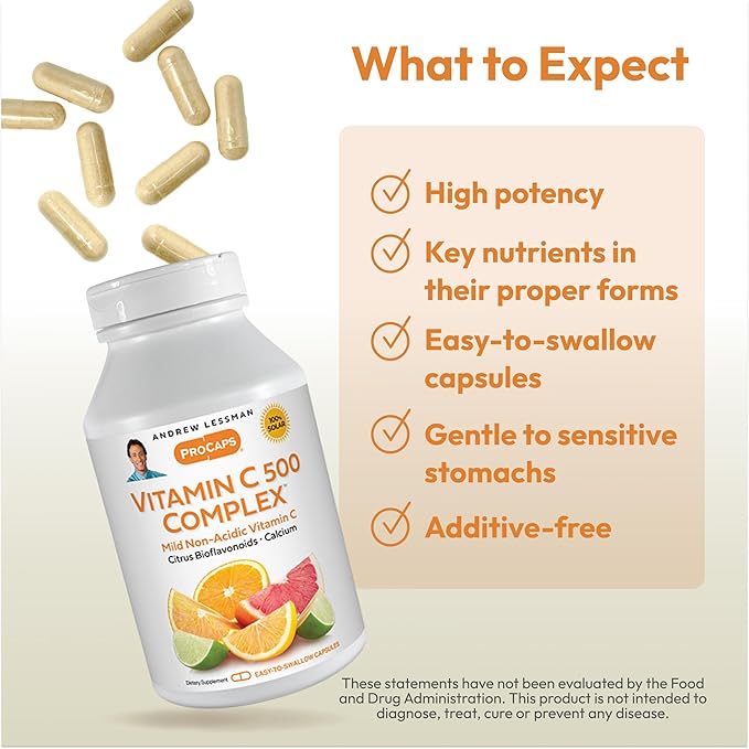 Andrew Lessman Vitamin C 500 Complex 180 Capsules – Non-Acidic Vitamin C Plus Citrus Bioflavonoids for Immune System and Anti-Oxidant Support, No Stomach Upset, Small Easy to Swallow Capsules