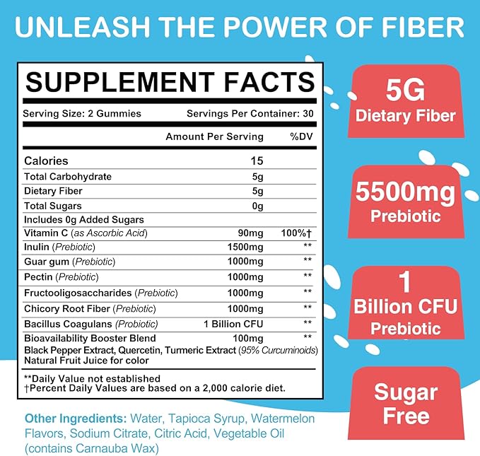Fiber Gummies for Adults, Fiber Gummies for Women & Men, Fiber Gummies for Regularity, Digestion & Gut Health, 5 Prebiotics Complex, Inulin, Fos, Chicory Root - Fiber 5g, Sugar Free, 9 Packs