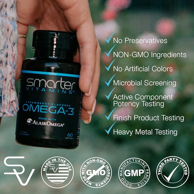 (5 Pack) Smarter Omega 3 Fish Oil, Berry Flavor, Burpless, Tasteless, 2000mg, Potent Triple Strength DHA EPA Brain Omega-3, Joint & Heart Support, Made with AlaskOmega®