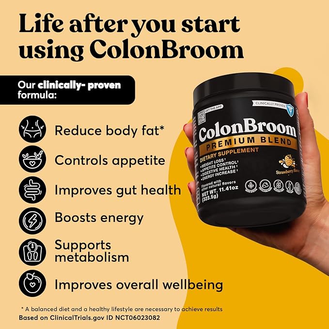 ColonBroom Premium Weight Management Supplement (Strawberry) - Colon Broom Psyllium Husk Fiber Powder Drink - Gluten Free, Non-GMO Colon Cleanse for Bloating Relief & Gut Health, 50 Servings