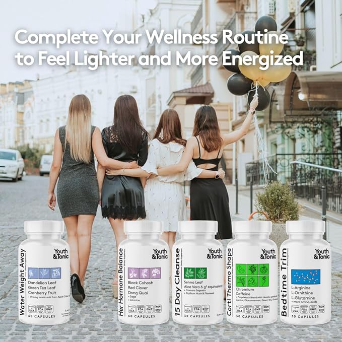 Youth & Tonic Natural Water Weight Away Pills for Belly Bloating, Water Retention & Fluid Loss – Herbal Diuretics for Swollen Legs, Feet, and Swelling – Dandelion Diuretic for Women & Men – 60 Caps