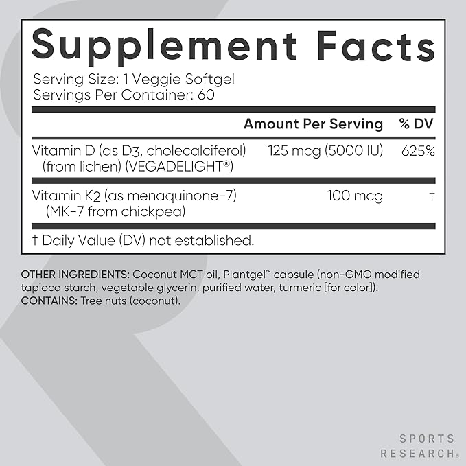 Sports Research Vitamin D3 K2 with Coconut Oil | Plant Based Vitamin K2 MK7 + Vegan D3 5000iu | Vegan Certified, Soy & Gluten Free - 60 Count Softgels