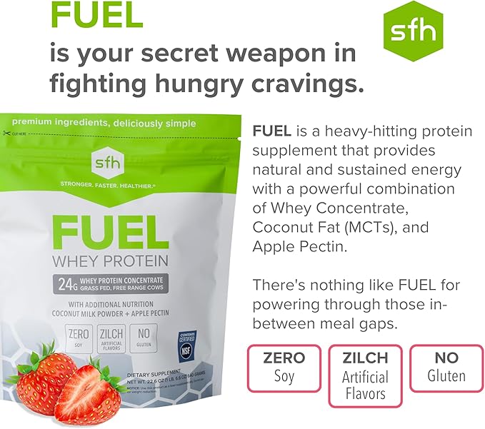 SFH Fuel Whey Protein Powder Great Tasting Grass Fed Whey | MCTs & Fiber for Energy | All Natural | Soy Free, Gluten Free, No RBST, No Artificial Flavors (Strawberry (1.6lb Bag))