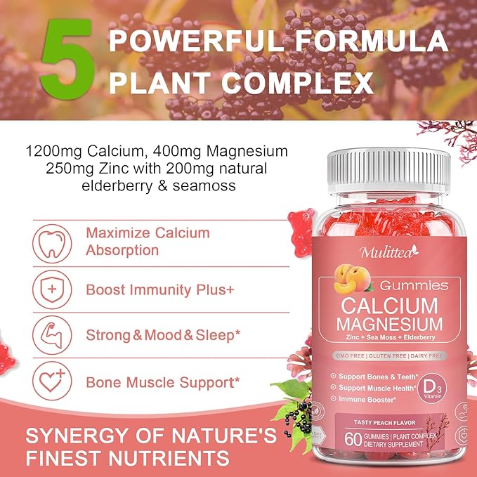 1200mg Calcium Gummies with D3,K2,Zinc - Plant Complex Calcium Magnesium Supplement with Glycinate,Potassium,Vitamin C &Whole Natural Food for Bone & Immune Support- 60 Chewable Gummy Sugar-Free