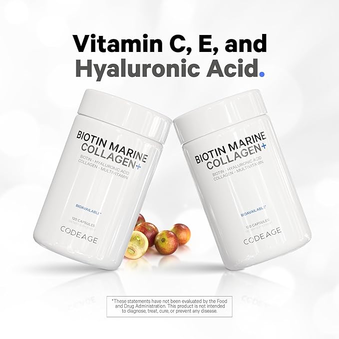 Codeage Biotin Marine Collagen Peptides - Wild-Caught Marine Collagen Types I & III, 10,000 mcg Biotin, Vitamins C & E, Hyaluronic Acid, Amino Acids, Fruit and Herb Blend, Non-GMO - 120 Capsules