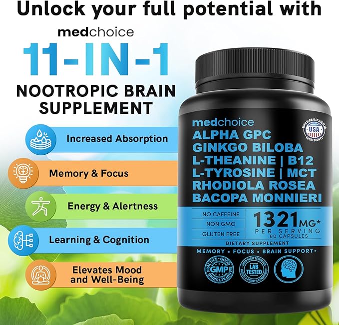 11-in-1 Nootropic Brain Supplements: Memory & Focus Supplement with Ginkgo Biloba, L Theanine, Bioperine, & Alpha GPC Choline - 1321mg, 60ct - Stimulant Free, Vegan - Focus Brain Support (1 pack)