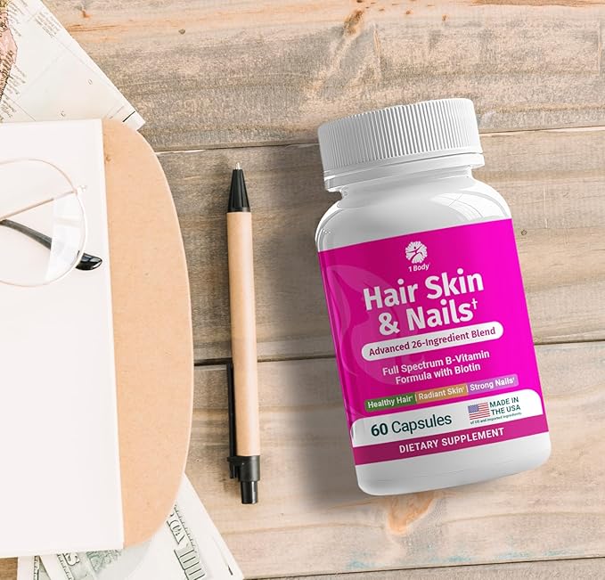 1 Body Hair Skin and Nails Vitamins with Biotin – Contains 26 Vitamins, Minerals and Herb Extracts – Hair and Nail Growth, Glowing Skin Supplements Formula for Men and Women – 60 Vegan Capsules