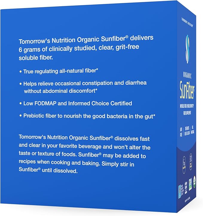 Tomorrow's Nutrition, Sunfiber, Prebiotic Fiber Supplement for Digestive Health, Low FODMAP, Gluten-Free, Blue, 30 Packets