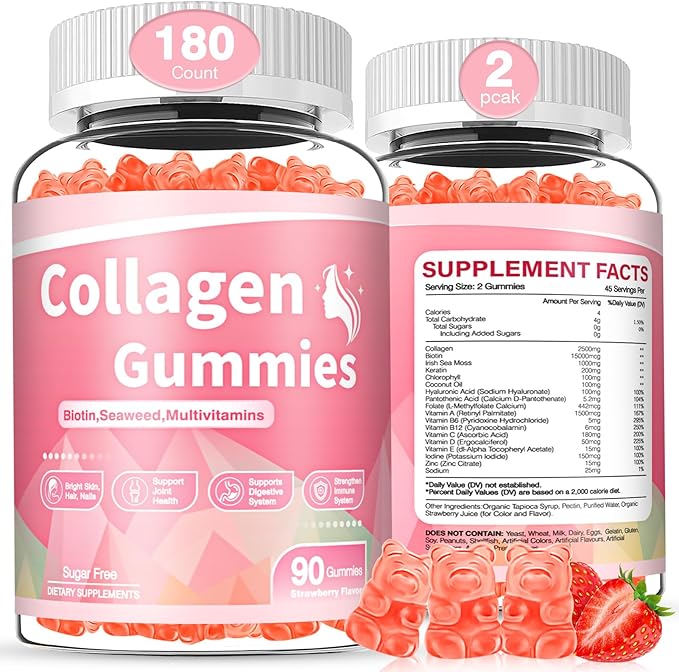 180 Count Collagen Gummies 2500mg Collagen Protein Type I II III V X with 15000mcg Biotin Vitamins C A B D E Keratin Hyaluronic Acid for Hair Skin Nails Joint Immune Digestion for Women Men Sugar Free