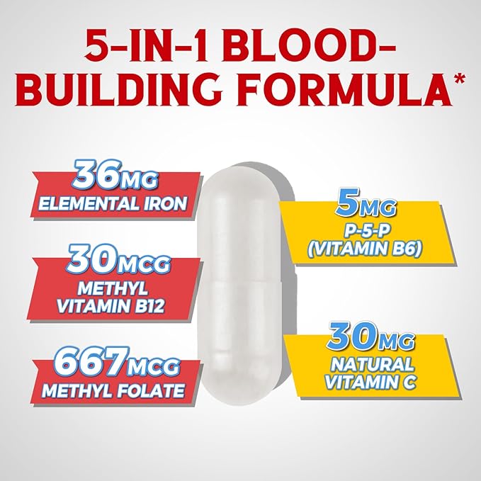 Iron Supplement for Women & Men, with Vitamins C, B6, B12 & Folate for Iron Deficiency, Blood Building & Energy Support, Stomach Friendly, Better Absorption, Non-GMO, No Gluten, 30 Vegan Caps