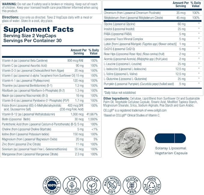 SOLARAY Liposomal Multivitamin for Men, Enhanced Absorption Immune, Energy & Bone Support, Mens Daily Multi Vitamin, BCAA’s, Vitamin D3, C, B12, Zinc, Vegan, Soy Free, 30 Servings, 60 VegCaps