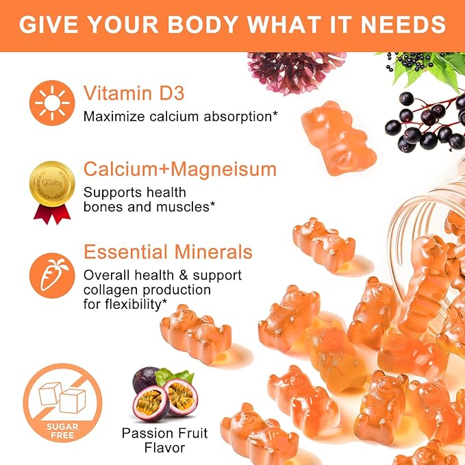 1200mg Calcium Gummies with D3,K2,Zinc - Plant Complex Calcium Magnesium Supplement with Glycinate,Potassium,Vitamin C &Whole Natural Food for Bone & Immune Support- 60 Chewable Gummy Sugar-Free