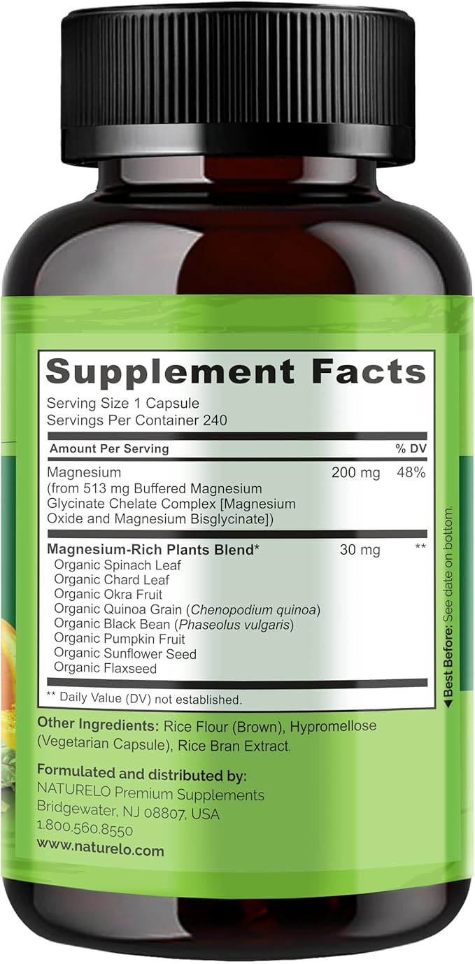 NATURELO Magnesium Glycinate Supplement - 200 mg Glycinate Chelate with Organic Vegetables to Support Sleep, Calm, Muscle Cramp & Stress Relief – Gluten Free, Non GMO - 240 Capsules