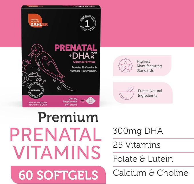 Zahler Prenatal Vitamin with DHA & Folate - DHA Supplements & Prenatal Multivitamin for Mother and Child - Kosher Prenatal DHA Prenatal Vitamins with Iron, Pre Natal Softgels (120 Count (Pack of 1))
