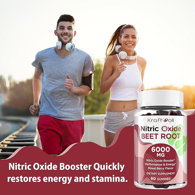 Nitric Oxide Beet Root Gummies 6000MG Supplements, Grapeseed Powder, Pomegranate Powder, Vitamin C and B12 - Beet Chewables Mixed Berry Flavor - 60 Gummies (2 Bottle)