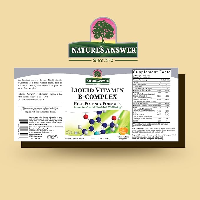 Nature's Answer Liquid Vitamin B-Complex Supports Healthy Energy Levels | Promotes Healthy Nerve Function | All-Natural Tangerine Flavor | Gluten-Free & Benzoate-Free 16oz