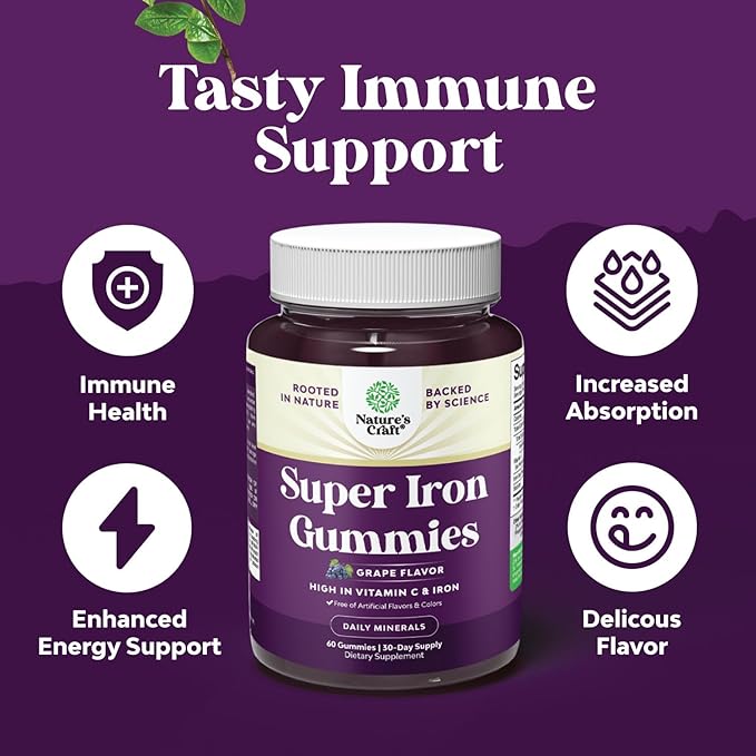 Extra Strength Iron Gummies for Women and Men - Potent 45mg per Serving Chewable Iron Supplement for Women & Men with Vitamin C for Higher Absorption - Vegan Daily Iron Gummy for Adults (60 Servings)