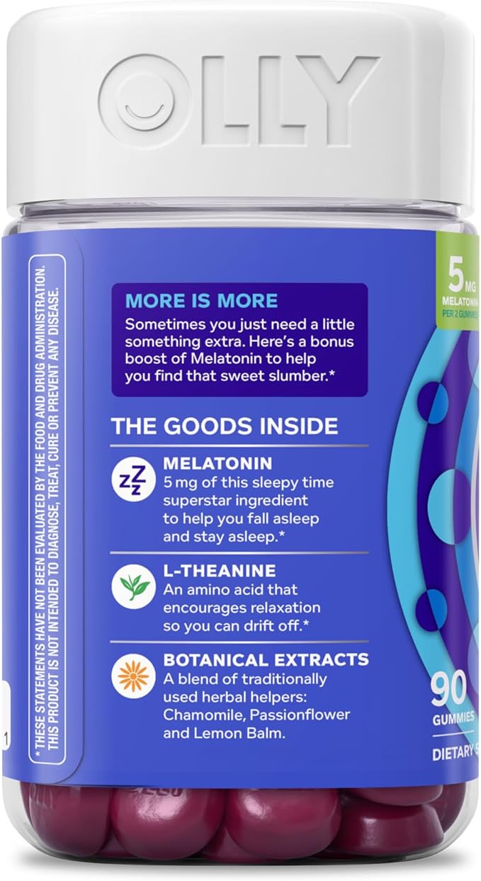 OLLY Extra Strength Sleep Gummy, Occasional Sleep Support, 5 mg Melatonin, L-Theanine, Chamomile, Lemon Balm Extracts, Sleep Aid, BlackBerry Flavor - 90 Count (Packaging May Vary)