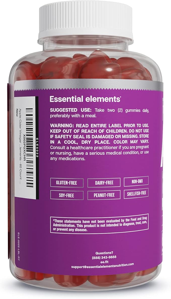 Essential Elements Apple Cider Vinegar Gummies from The Mother - Naturally-Sourced, Vegan ACV with Folic Acid and Vitamin B6 & B12 (2 Pack)