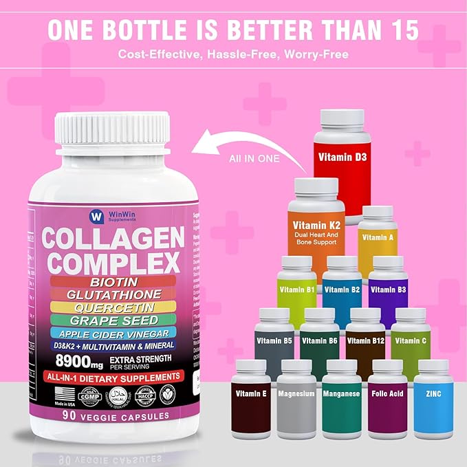 Collagen1000mg Type I, II, III, V, X Multi- Organic Quercetin Grape Seed, Apple Cider Vinegar Botanical Supplement with Biotin Glutathione Multi-Vitamins and Minerals Vitamin 29in1 Made in USA