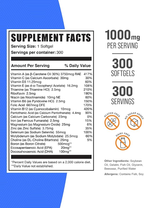 BulkSupplements.com Multivitamin for Women Softgels - Women's Multivitamin with Iron, Multimineral Supplement, with Fish Oil - Gluten Free, 1 Softgel per Serving, 300 Count (Pack of 1)