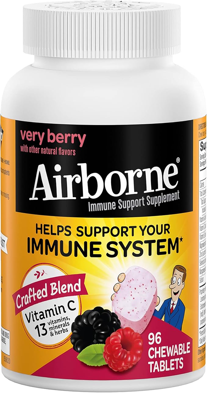 Airborne 1000mg Vitamin C Chewable Tablets with Zinc, Immune Support Supplement with Powerful Antioxidants Vitamins A C & E - 96 Chewable Tablets, Very Berry Flavor