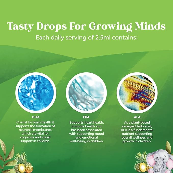 Liquid Omega 3 EPA DHA for Kids - Organic Vegan Omega 3 for Kids Brain Eye and Full Body Development with Vegan DHA EPA & ALA - Kids Omega 3 Liquid Supplement with Algae & Flaxseed Oil - 50 Servings