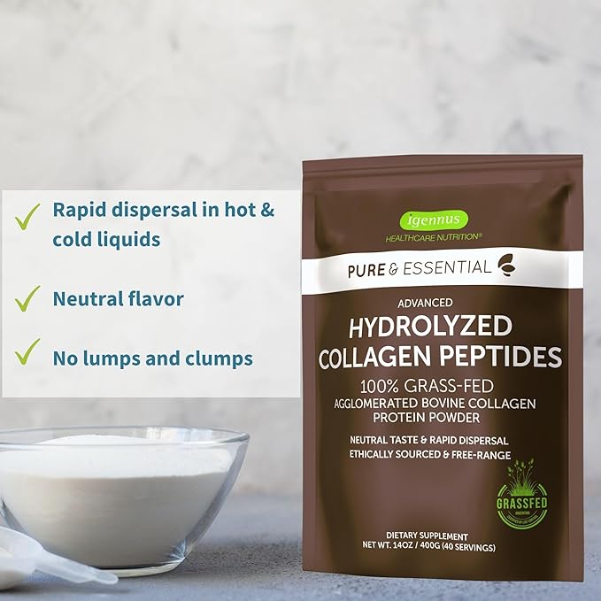 100% Grass Fed Bovine Collagen Protein Powder, Collagen Types 1, 2 & 3, Advanced Hydrolyzed Collagen Peptides, Non-GMO, Free Range, Gluten & Dairy Free, Easy Mix, 4 x 40 Servings, Pure & Essential