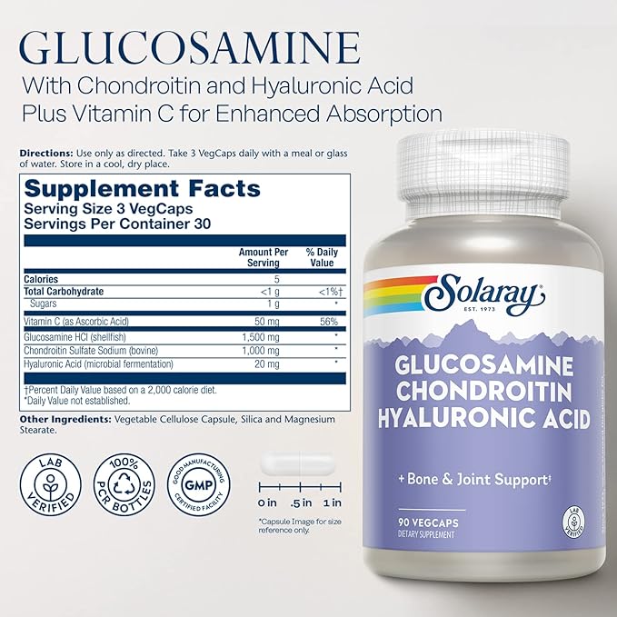 SOLARAY Glucosamine Chondroitin and Hyaluronic Acid, 1500mg/1000mg/20mg 90 Capsules